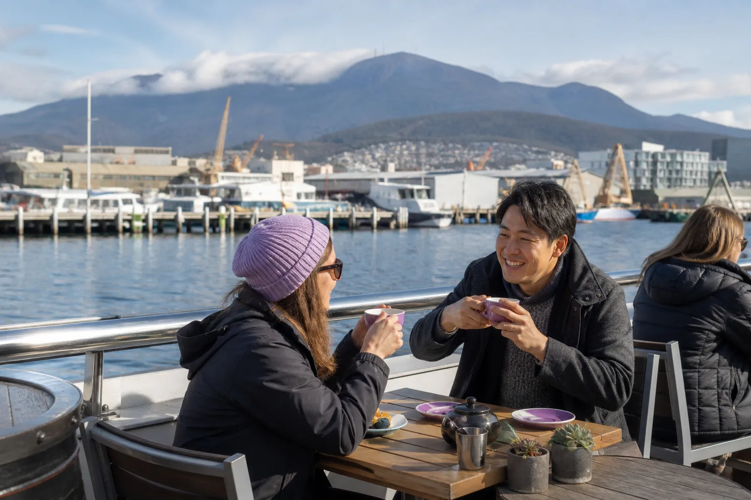 People talking beside the Hobart waterfront in Southern Tasmania