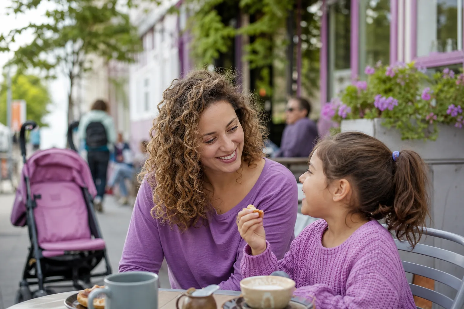 Single mum enjoying coffee beside Hobart's waterfront