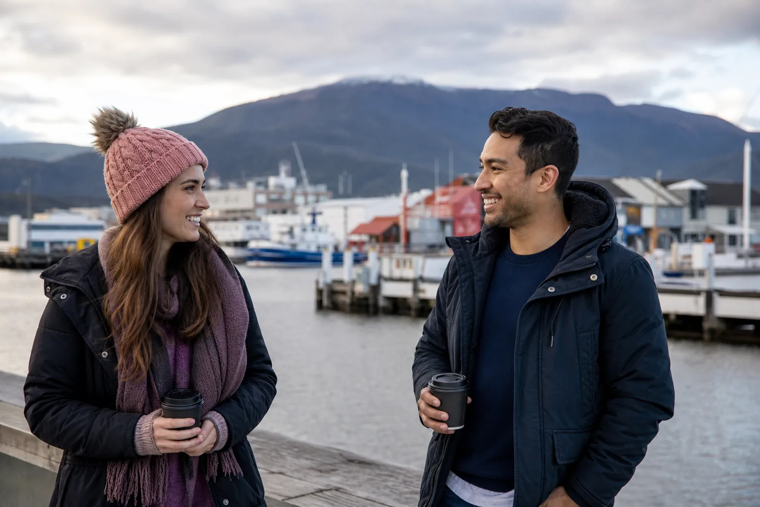 Two people talking beside the Hobart waterfront at dusk