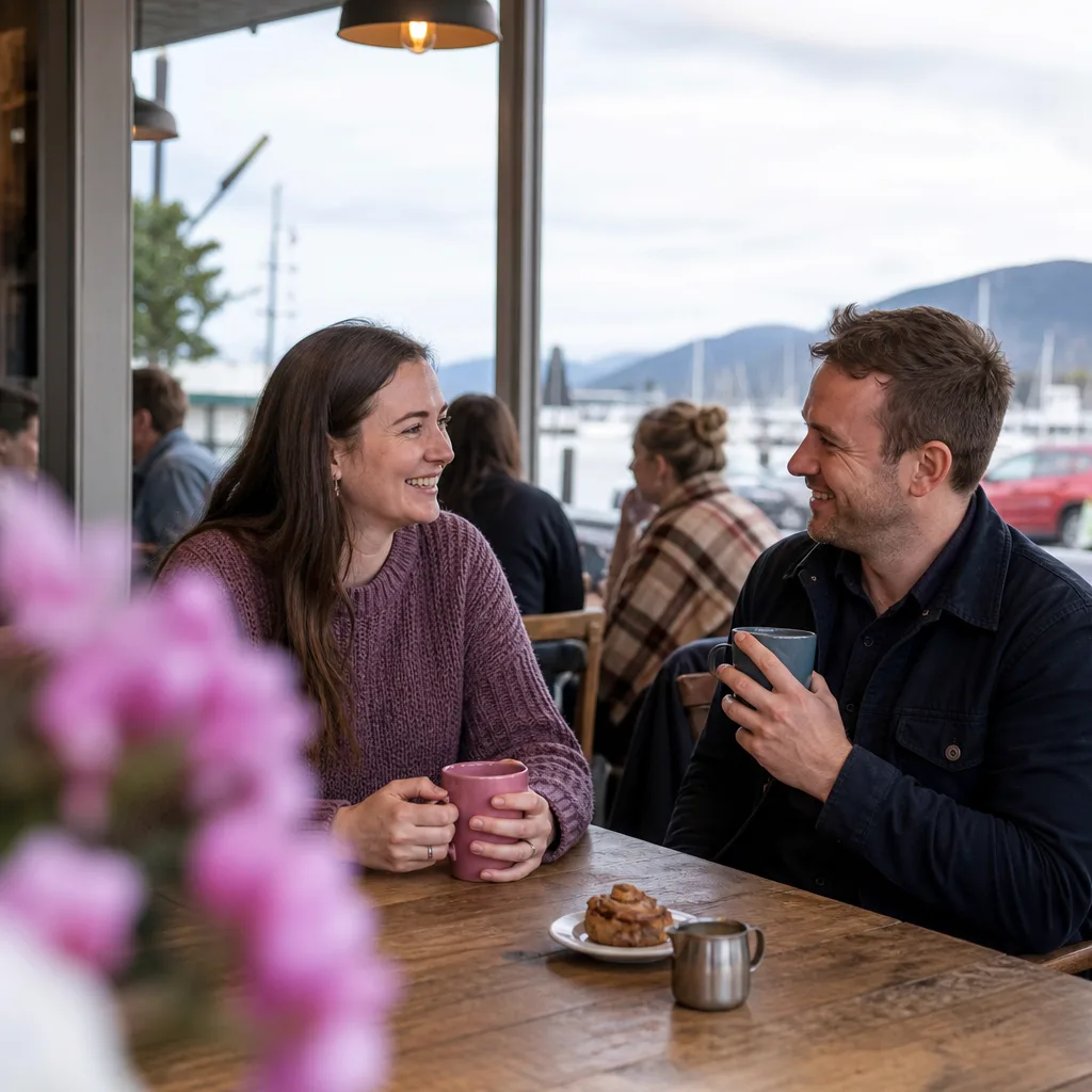 People having coffee at an outdoor table in central Hobart