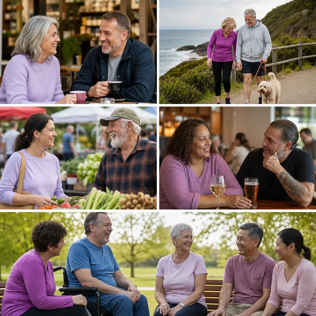 Mature singles walking through Salamanca Market in Hobart