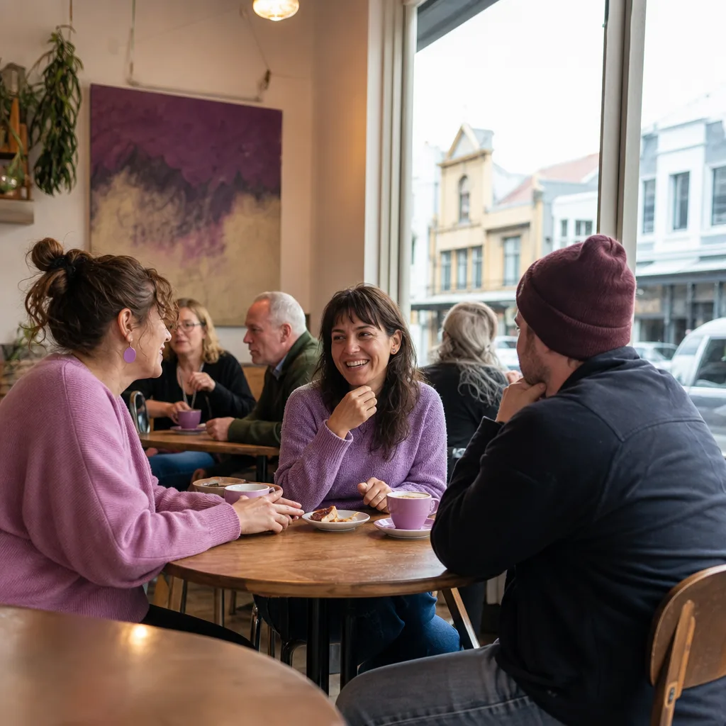Two adults having coffee at a public cafe in Hobart