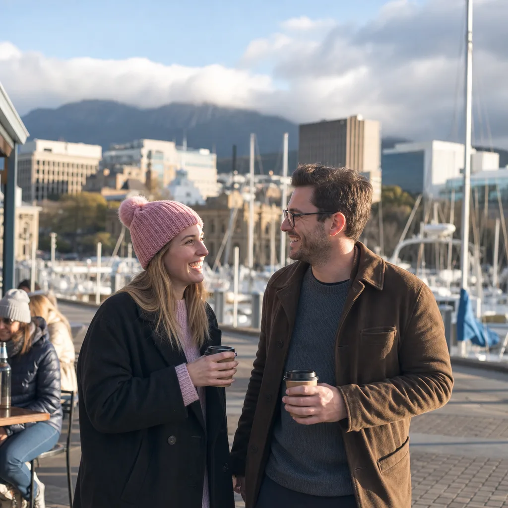 Adults sharing coffee at an outdoor table in central Hobart